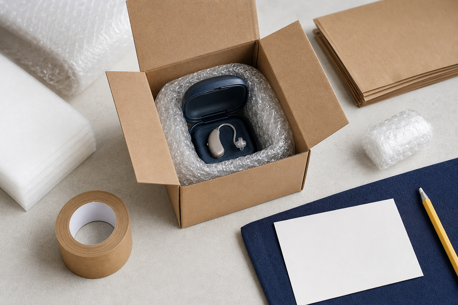 Koruyucu kutusu ve darbe emici malzemeyle paketlenen işitme cihazı